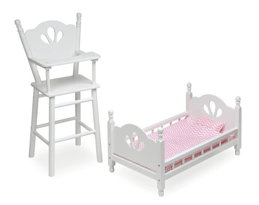 English Country Doll High Chair and Bed Set with Chevron Bedding and Free Personalization Kit - White/Pink