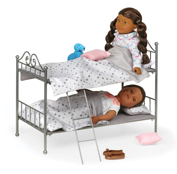 Scrollwork Metal Doll Bunk Bed with Ladder and Bedding - Silver/Pink/Stars