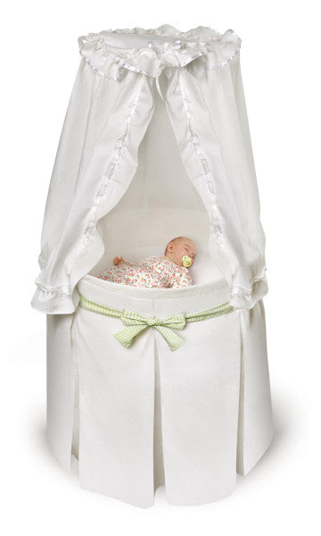 Empress Round Baby Bassinet with Canopy - White Bedding with Gingham Belts