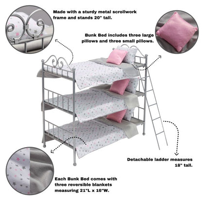 Scrollwork Metal Triple Doll Bunk Bed with Ladder and Bedding - Silver/Pink/Stars