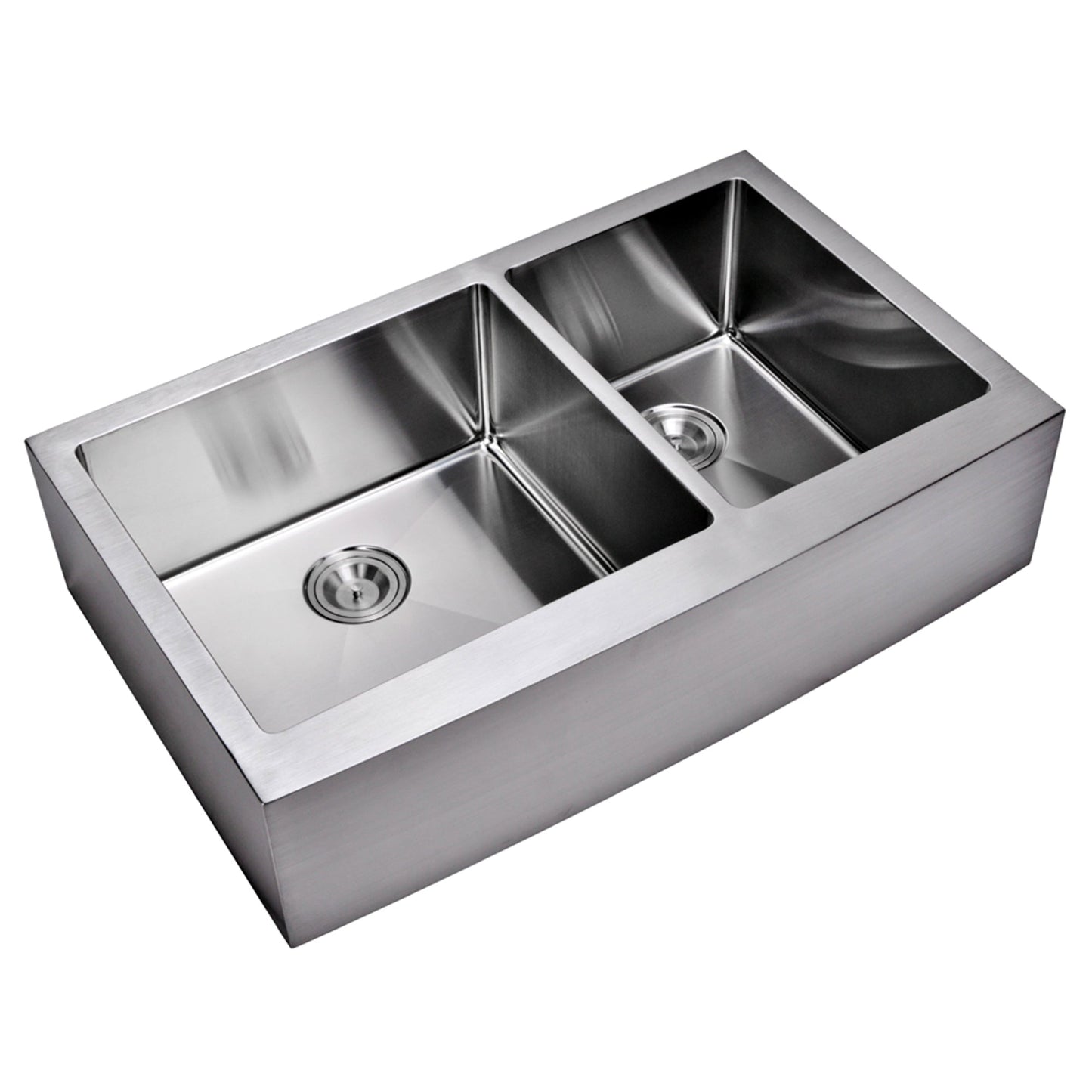 36 Inch X 22 Inch 15mm Corner Radius 60/40 Double Bowl Stainless Steel Hand Made Apron Front Kitchen Sink With Drains, Strainers, And Bottom Grids