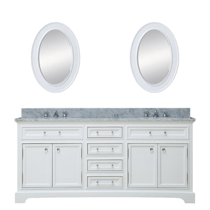72 Inch Pure White Double Sink Bathroom Vanity With Matching Framed Mirrors And Faucets From The Derby Collection