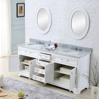 72 Inch Pure White Double Sink Bathroom Vanity With Matching Framed Mirrors And Faucets From The Derby Collection