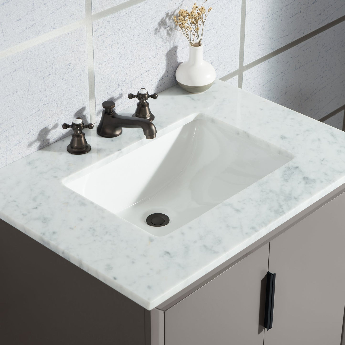 Elizabeth 30-Inch Single Sink Carrara White Marble Vanity In Cashmere Grey With Matching Mirror(s) and F2-0009-03-BX Lavatory Faucet(s)