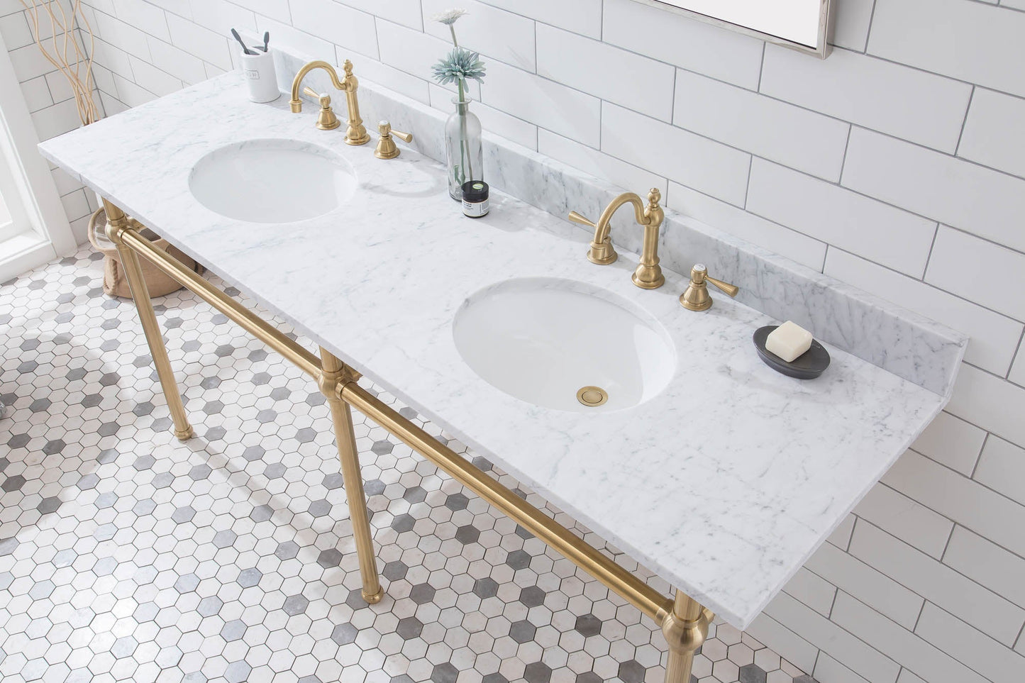 Embassy 72 Inch Wide Double Wash Stand, P-Trap, Counter Top with Basin, Faucet and Mirror included in Satin Gold Finish