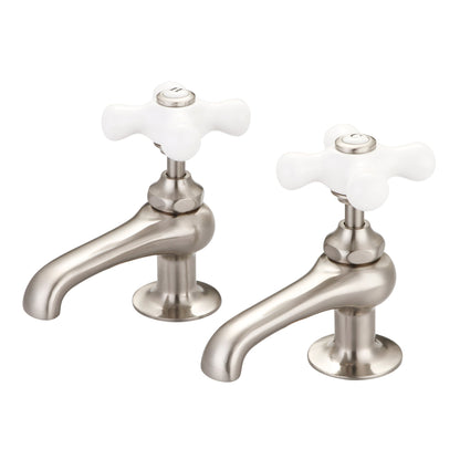 Vintage Classic Basin Cocks Lavatory Faucets With Porcelain Cross Handles, Hot And Cold Labels Included