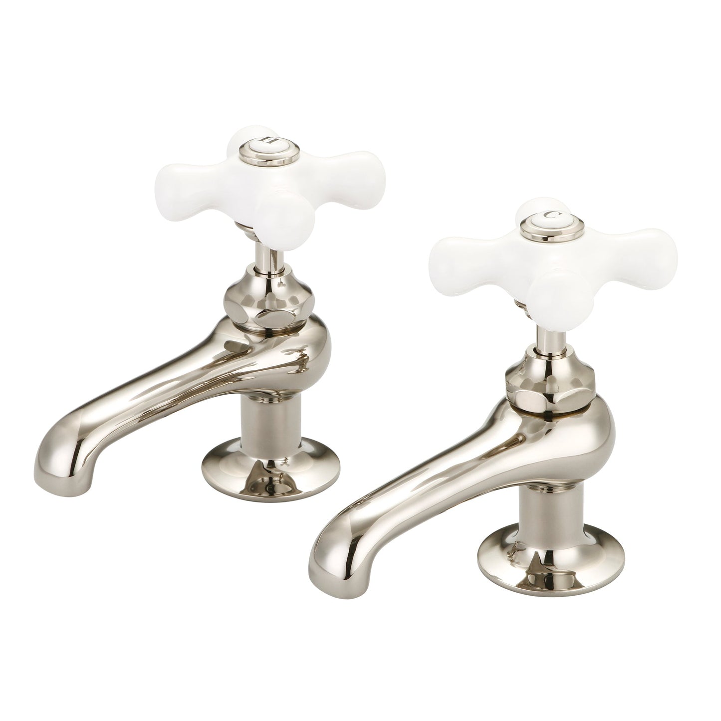 Vintage Classic Basin Cocks Lavatory Faucets With Porcelain Cross Handles, Hot And Cold Labels Included