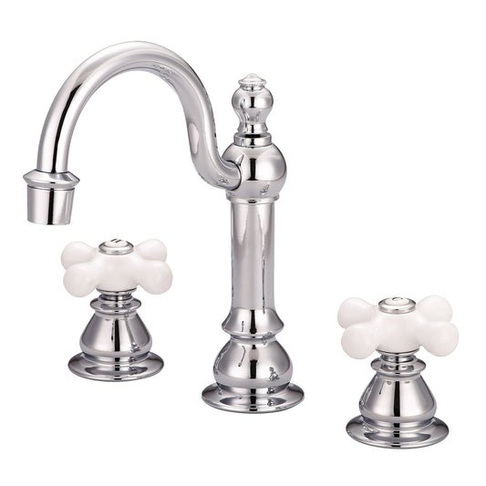 American 20th Century Classic Widespread Lavatory F2-0012 Faucets With Pop-Up Drain With Porcelain Cross Handles, Hot And Cold Labels Included