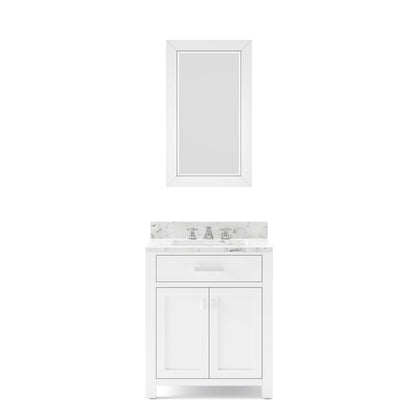 30 Inch Pure White Single Sink Bathroom Vanity With Matching Framed Mirror And Faucet From The Madison Collection