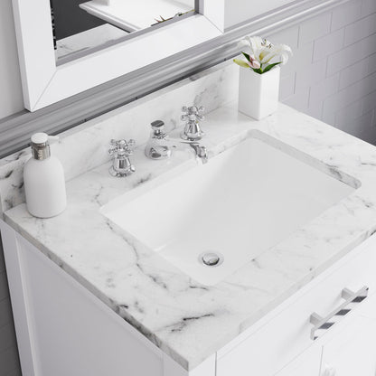 30 Inch Pure White Single Sink Bathroom Vanity With Matching Framed Mirror And Faucet From The Madison Collection
