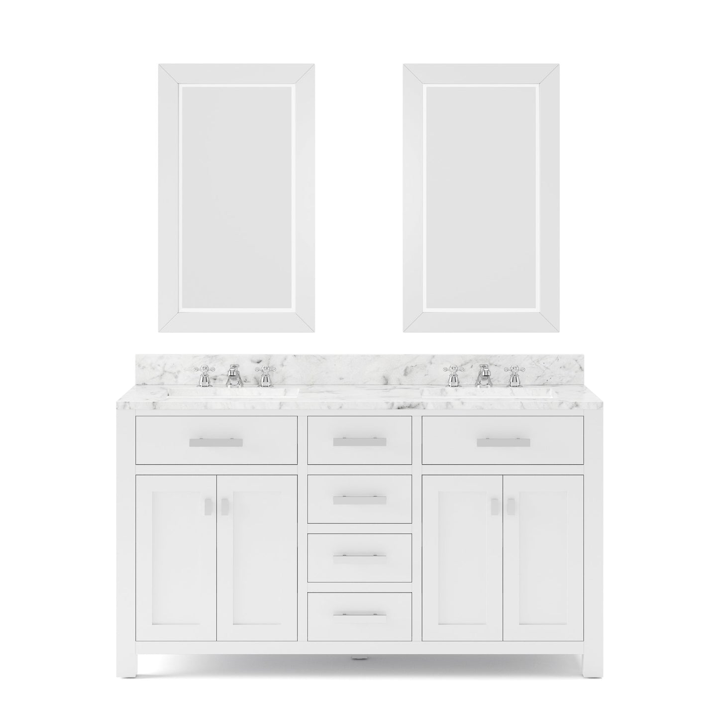 60 Inch Pure White Double Sink Bathroom Vanity With 2 Matching Framed Mirrors And Faucets From The Madison Collection