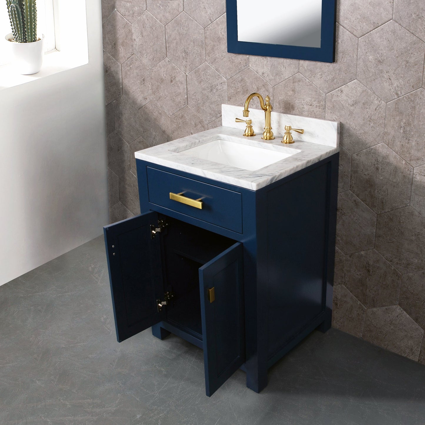 Madison 24-Inch Single Sink Carrara White Marble Vanity In Monarch Blue With Matching Mirror and F2-0012-06-TL Lavatory Faucet