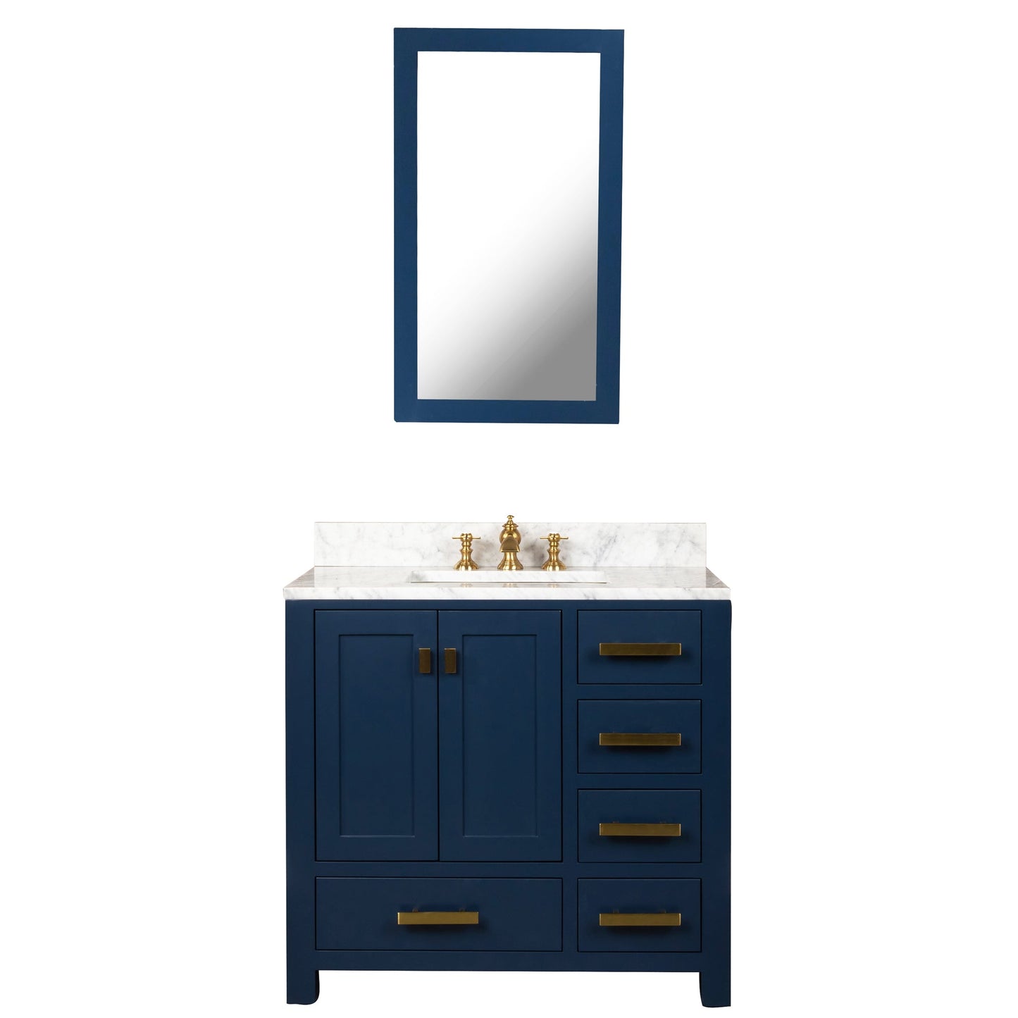 Madison 36-Inch Single Sink Carrara White Marble Vanity In Monarch Blue With F2-0013-06-FX Lavatory Faucet