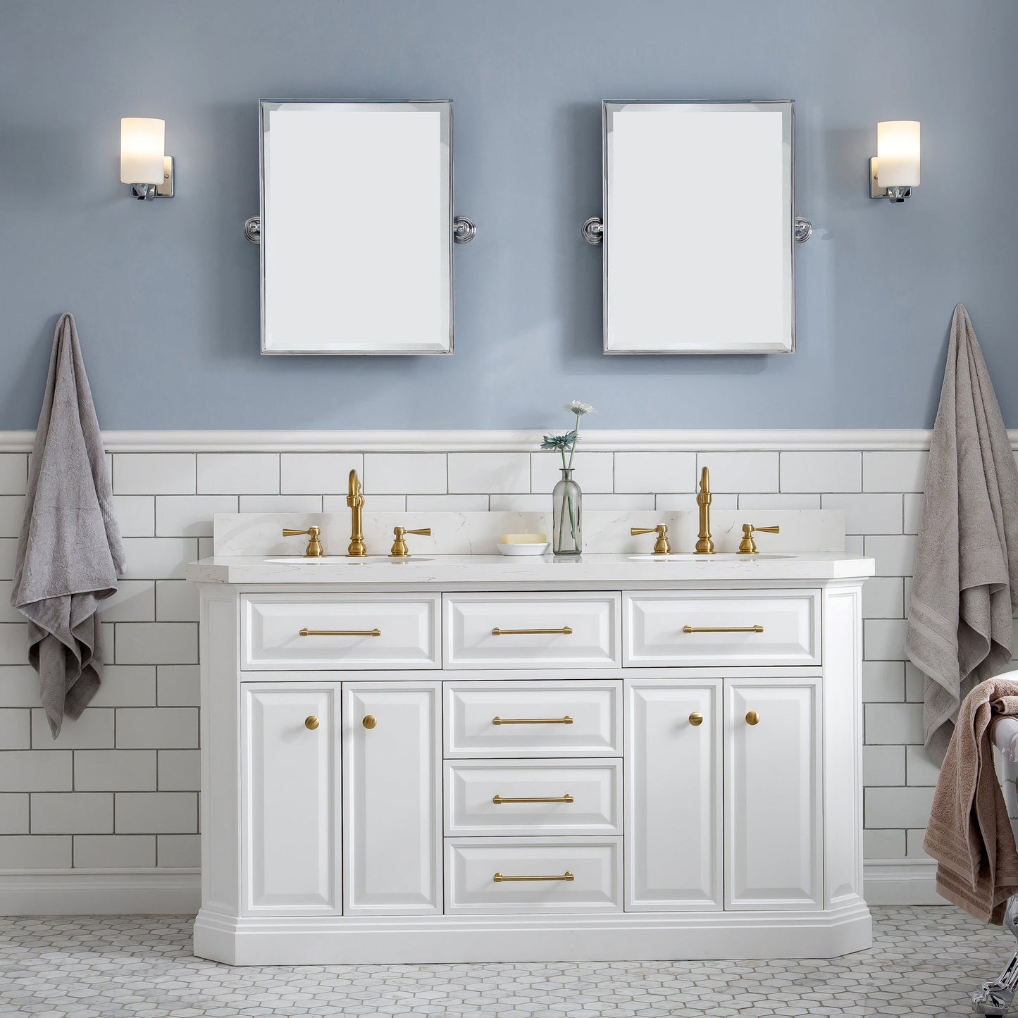 60" Palace Collection Quartz Carrara Pure White Bathroom Vanity Set