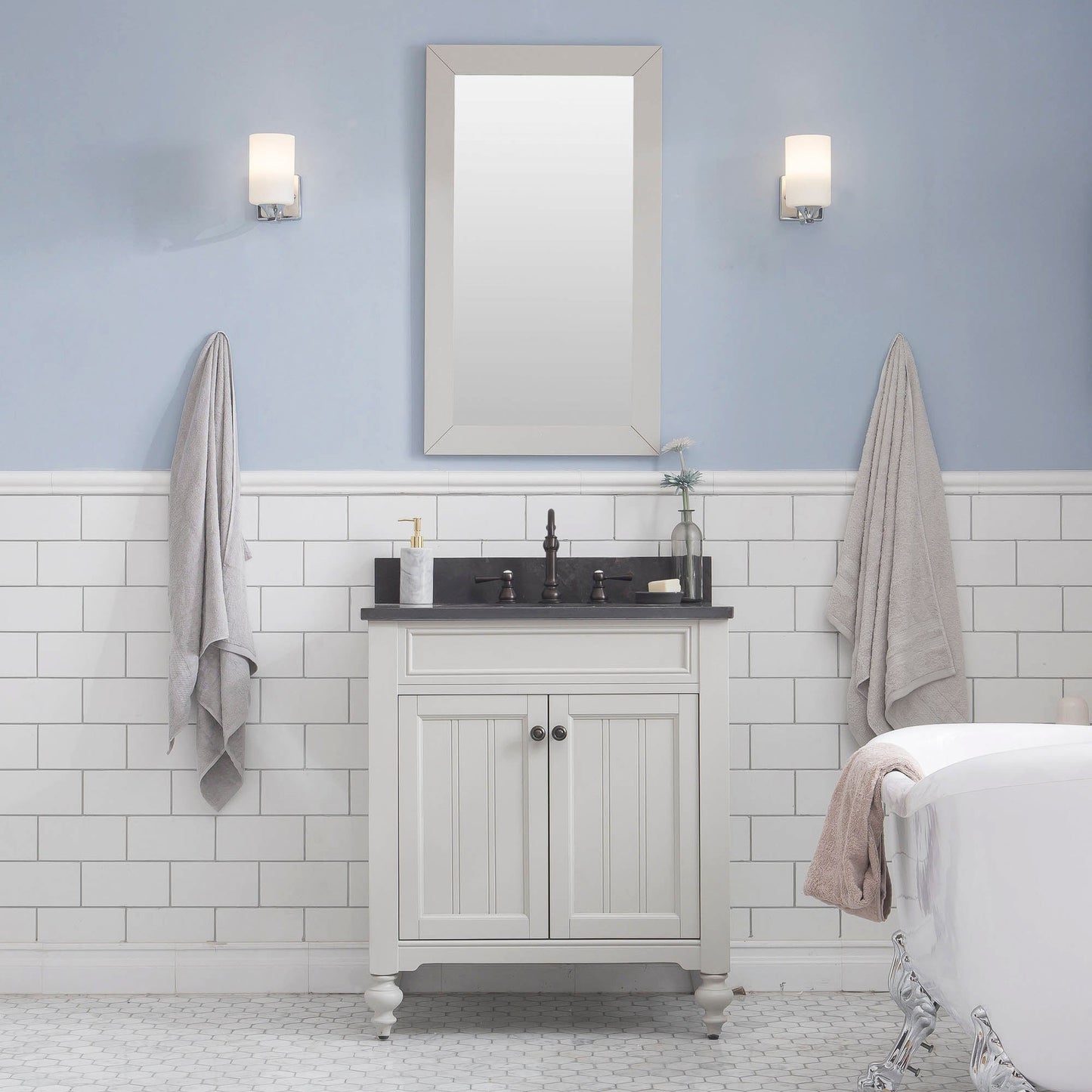 Potenza 30" Bathroom Vanity in Earl Grey with Blue Limestone Top with Faucet and Mirror