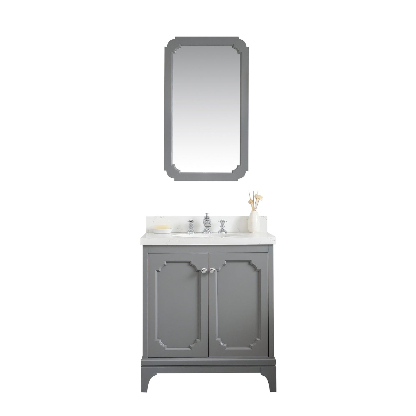 Queen 30-Inch Single Sink Quartz Carrara Vanity In Cashmere Grey  With F2-0013-01-FX Lavatory Faucet(s)