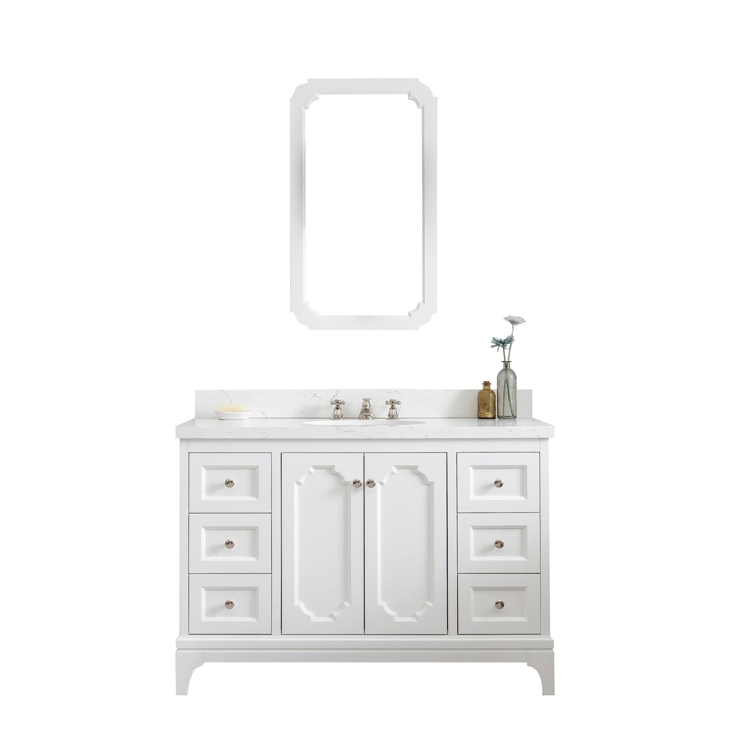 Queen 48-Inch Single Sink Quartz Carrara Vanity In Pure White With Matching Mirror(s) and F2-0012-05-TL Lavatory Faucet(s)