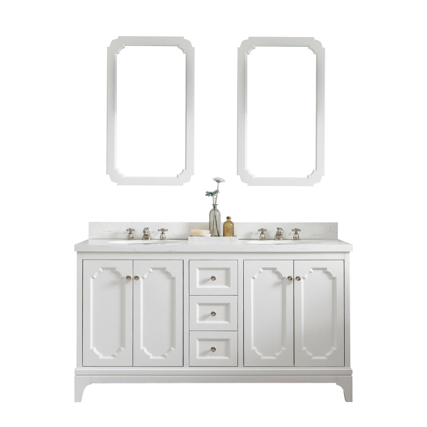 Queen 60-Inch Double Sink Quartz Carrara Vanity In Pure White  With F2-0012-05-TL Lavatory Faucet(s)