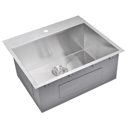 25 Inch X 22 Inch Zero Radius Single Bowl Stainless Steel Hand Made Drop In Kitchen Sink With Drain, Strainer, And Bottom Grid